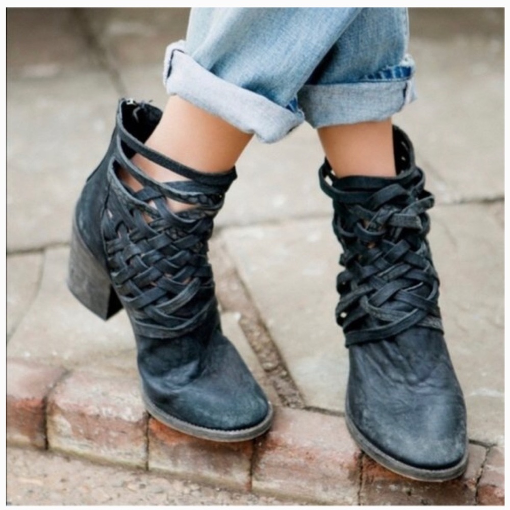 Free People Carrera Black  Woven Leather Heel Boots Made in Portugal Size 38
